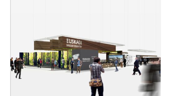 Un espacio, con forma de txalaparta, para el stand Euskadi en Fitur