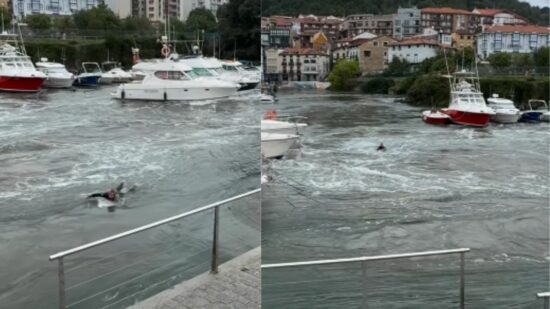 La cola del huracán Erin arrastra a un surfista en Mundaka