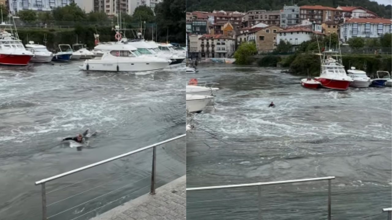 La cola del huracán Erin arrastra a un surfista en Mundaka