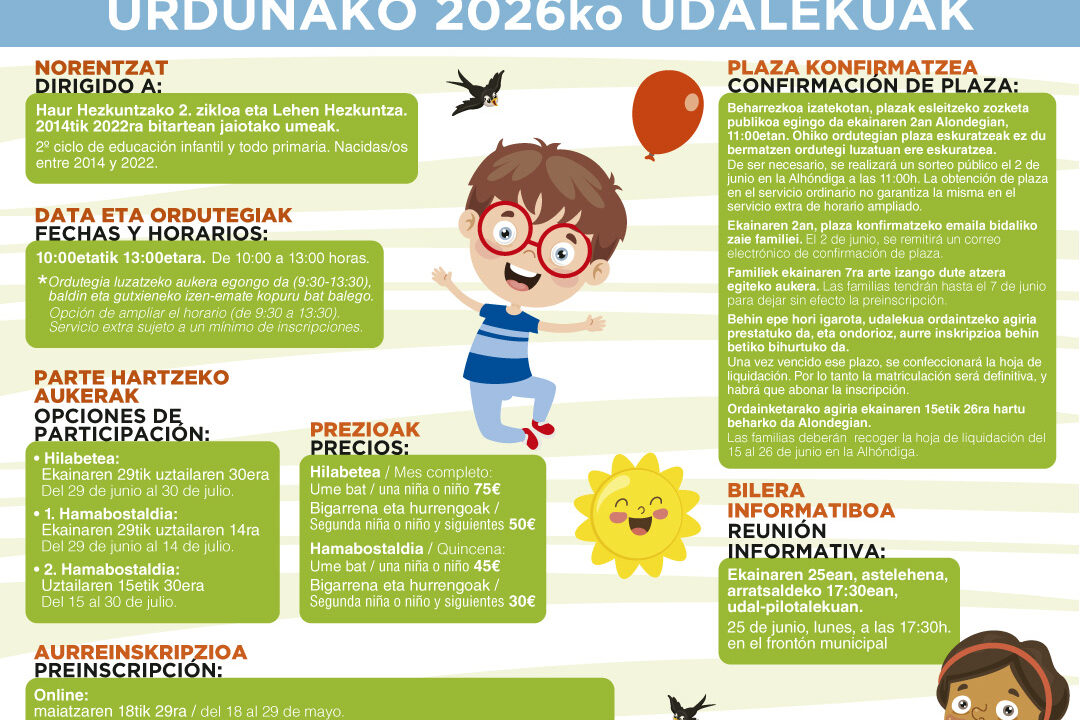 Orduña ofrecerá colonias en euskera durante 5 semanas en verano para los más pequeños