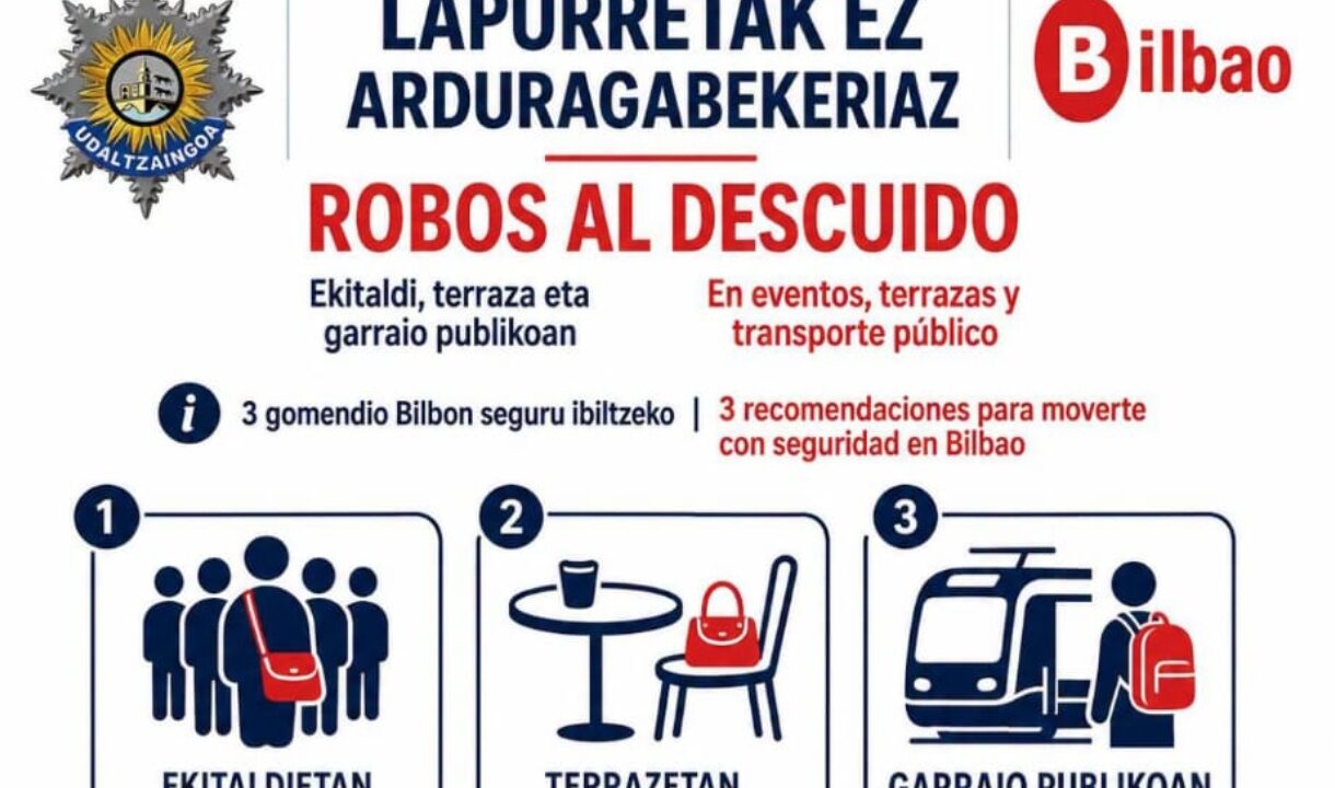 Estas son las tres recomendaciones de la Policía Municipal de Bilbao para evitar robos por descuido