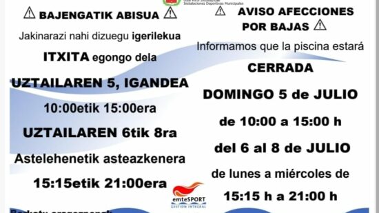 Las piscinas de Trapagaran cerrarán del 6 al 8 de julio debido a afecciones por bajas