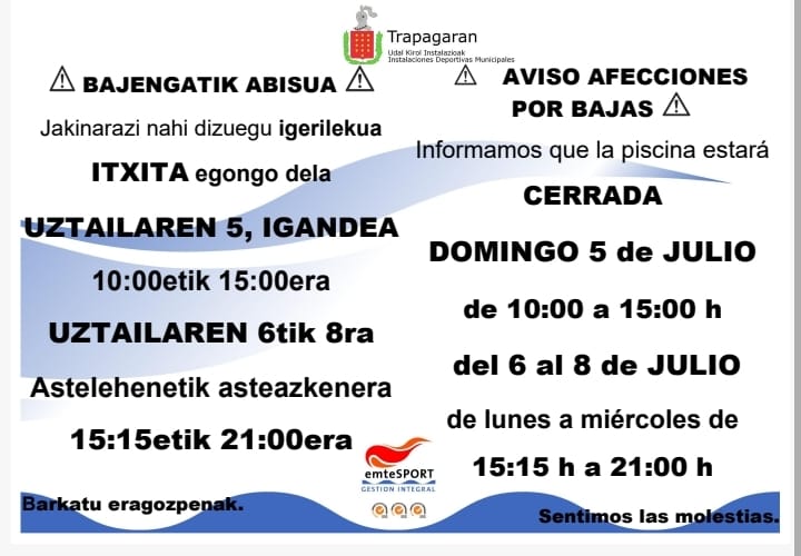 Las piscinas de Trapagaran cerrarán del 6 al 8 de julio debido a afecciones por bajas