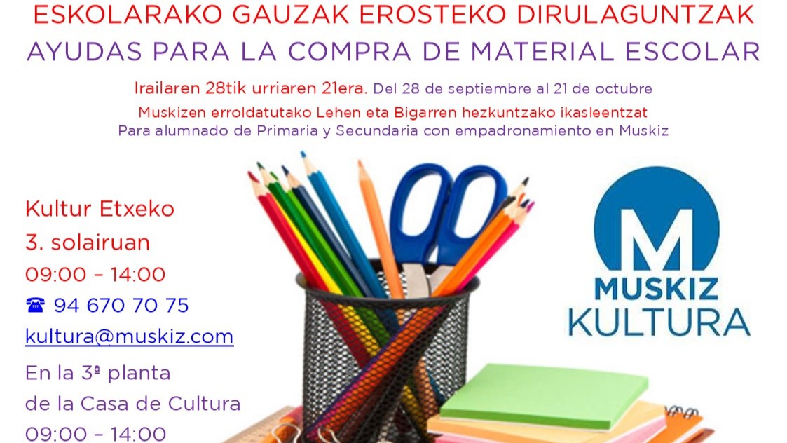 Muskiz abre el plazo para solicitar hasta 180 euros de ayuda para comprar material escolar y libros