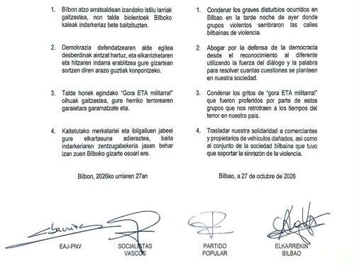 Los partidos de Bilbao condenan unidos los disturbios mientras EH Bildu rechaza la violencia